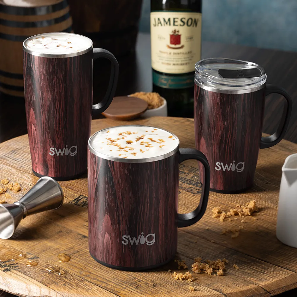 Swig Life Travel Mugs|Bourbon Barrel^Bourbon Barrel 18oz Travel Mug with handle -