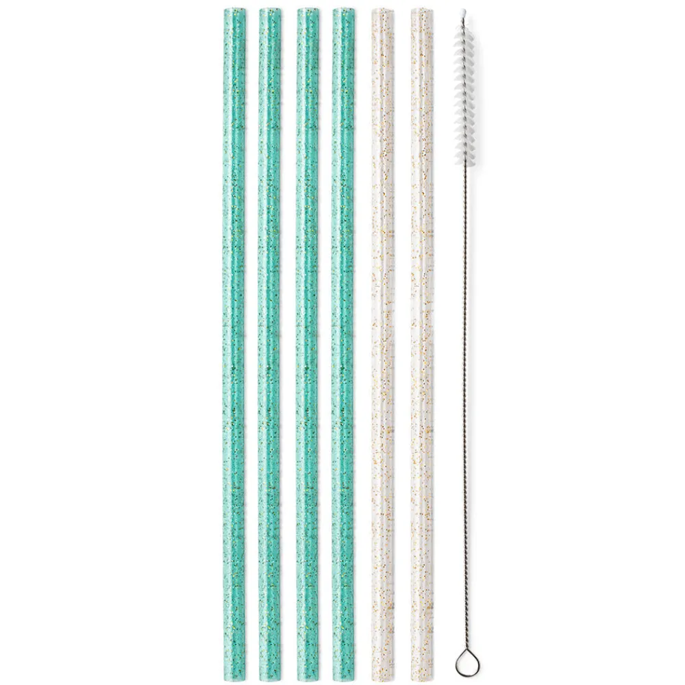 Swig Life Lids, Straws + More|Sea Swirl^Glitter Clear + Aqua Reusable Straw Set