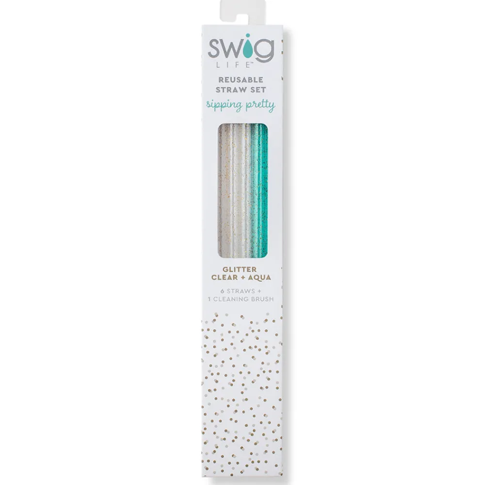 Swig Life Lids, Straws + More|Sea Swirl^Glitter Clear + Aqua Reusable Straw Set