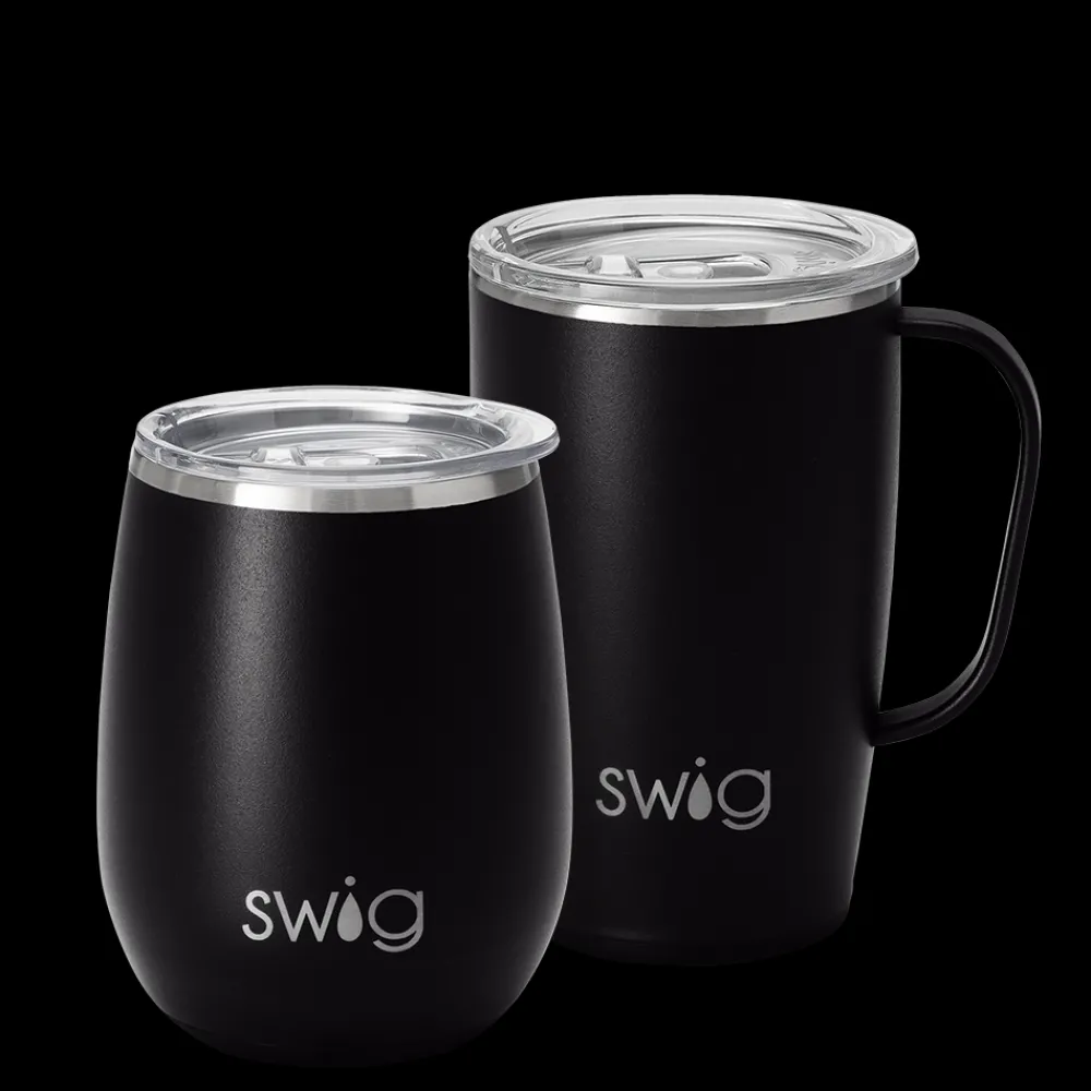 Swig Life Solids^Matte Black Travel Mug and Stemless Wine Cup Set -