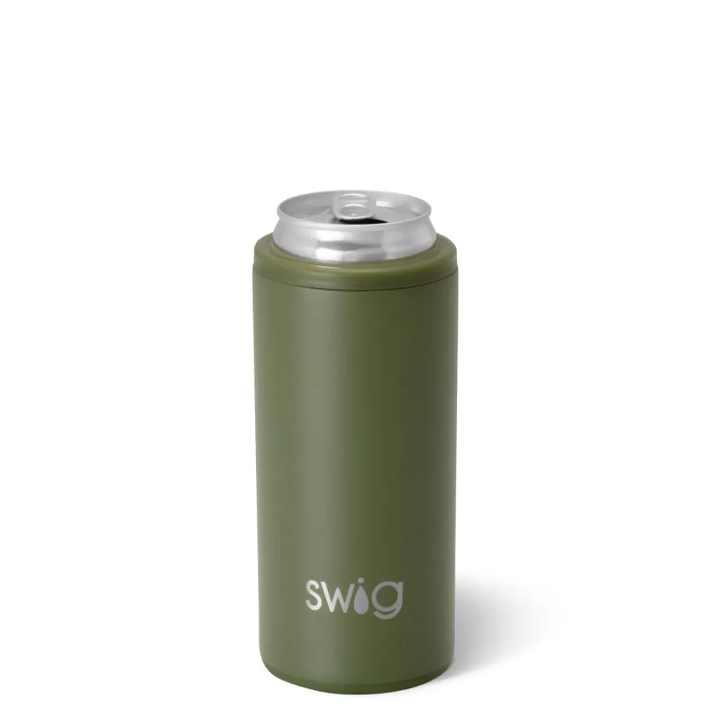 Swig Life Wine + Cocktails|Solids^Olive Green Skinny Can Cooler Koozie (12oz) -